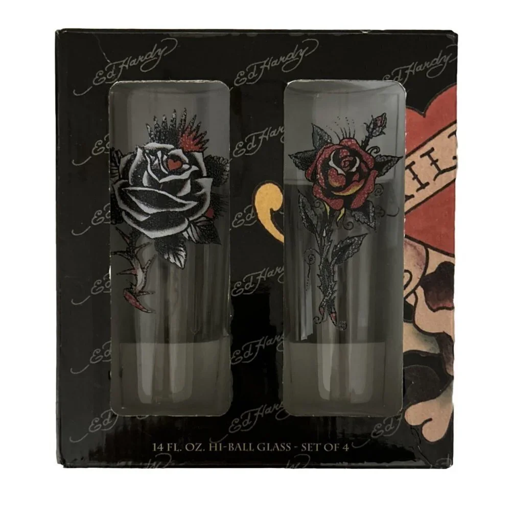 Set of 4 Don Ed Hardy 14 oz. HI-BALL GLASSES Devils Vampire Blood NEW in Box